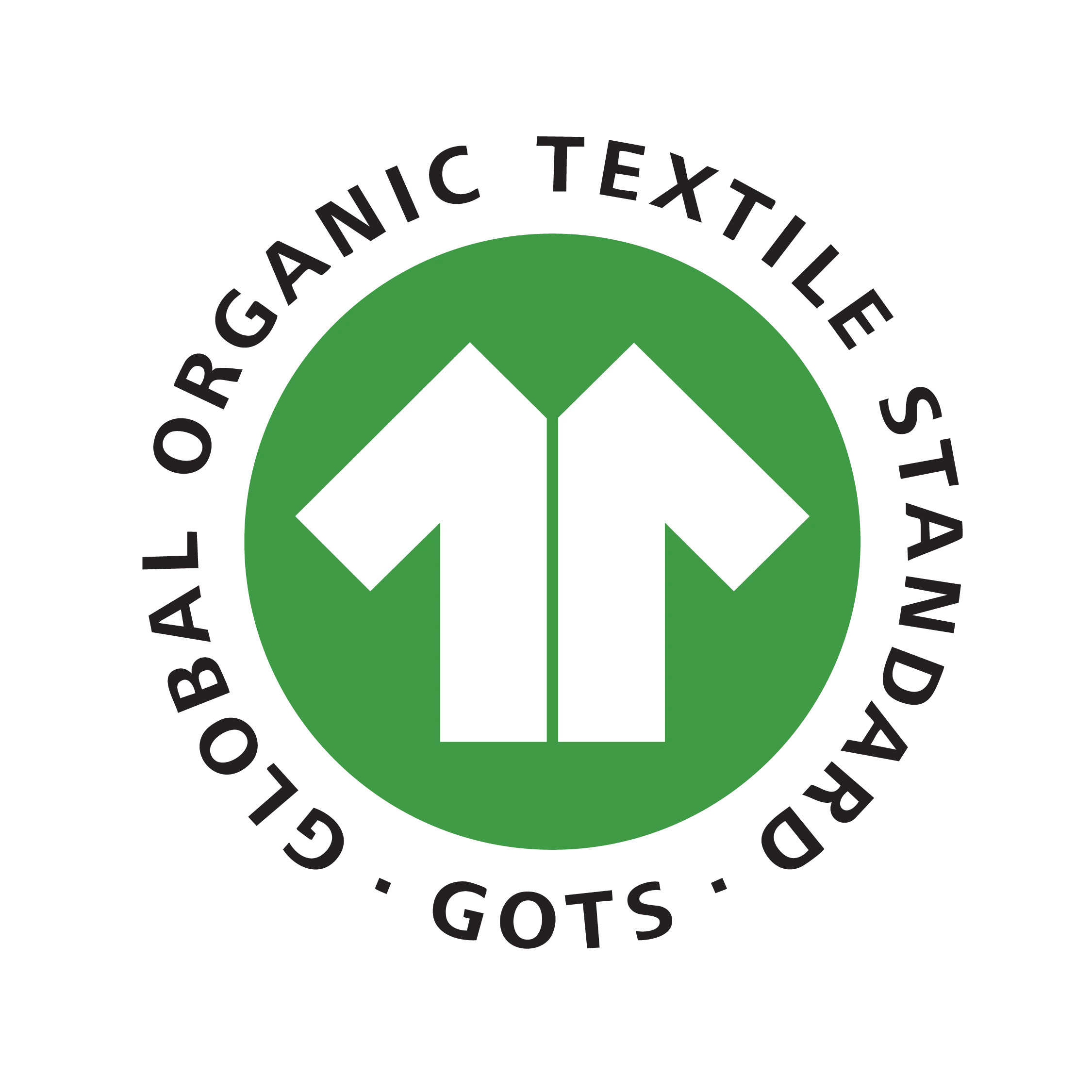 Global Organic Textile Standard (GOTS) logo with green circle and white arrows on a white background
